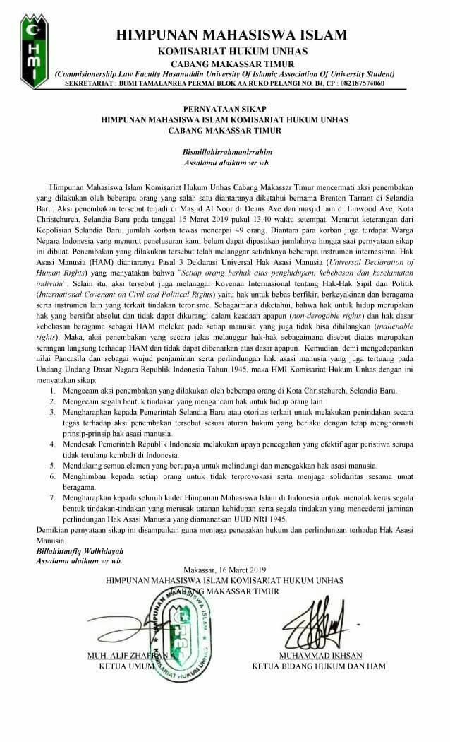 Surat Pernyataan Sikap Hmi Komisariat Hukum Unhas Himpunan